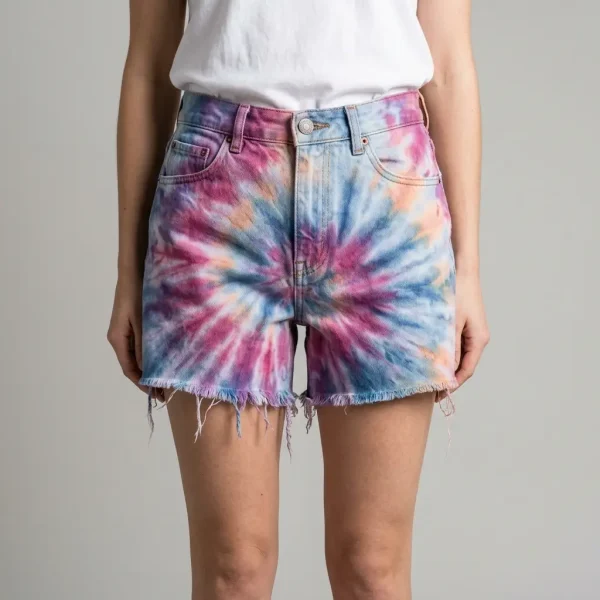Light wash denim shorts featuring a custom blue and white tie-dye bleach effect on the front.