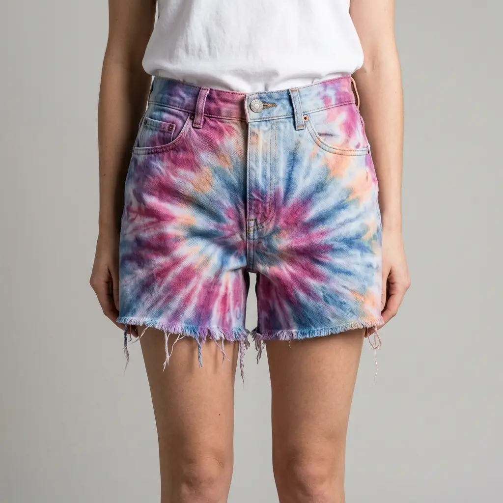 Light wash denim shorts featuring a custom blue and white tie-dye bleach effect on the front.