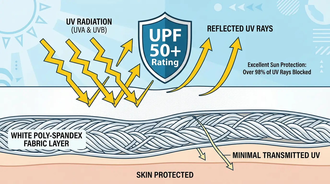 Infographic showing how UPF 50+ fabric blocks 98% of UV radiation, comparing UVA and UVB rays penetrating standard fabric versus sun-protective material.