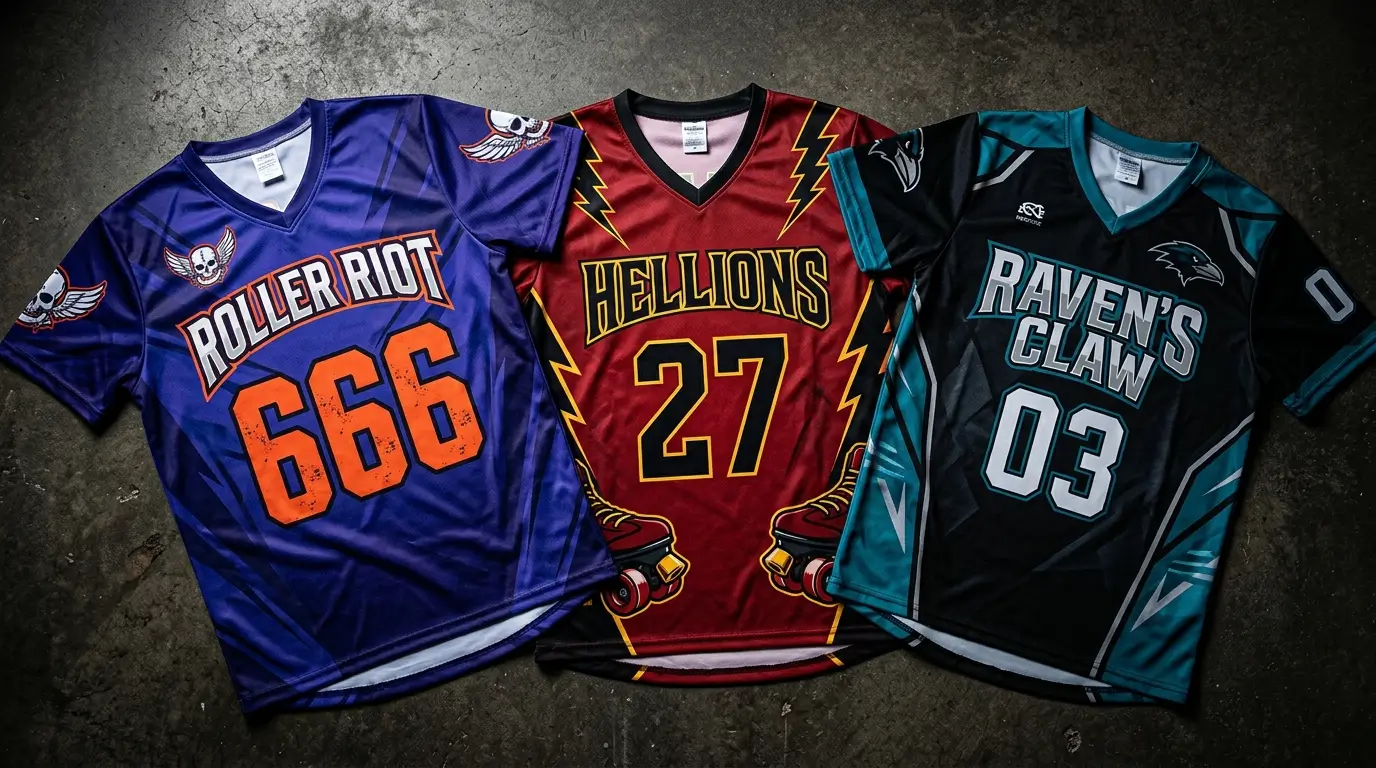 Three custom roller derby jerseys on a solid gray surface.