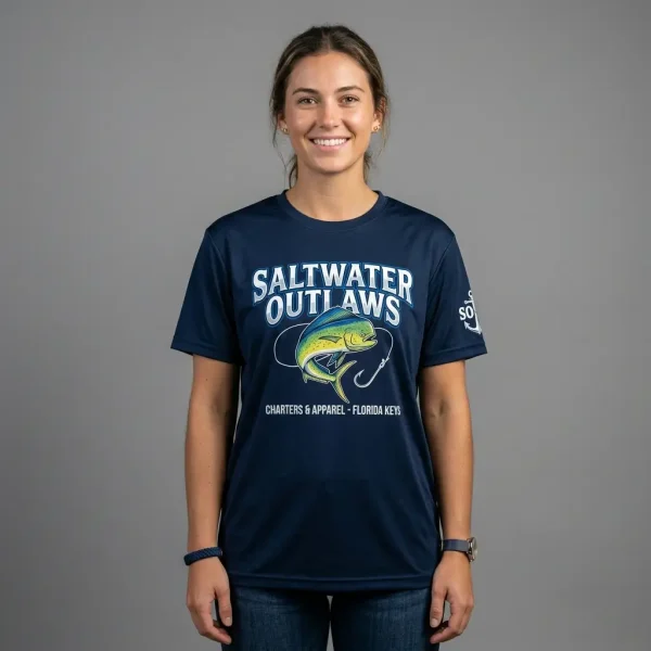 A woman wearing custom printed fishing t-shirt.