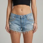 Front view of low-rise light wash denim shorts embellished with sparkling rhinestone patterns in a Y2K aesthetic.