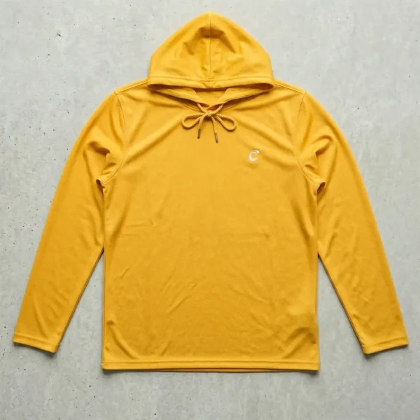 Yellow hooded dri fit shirt.
