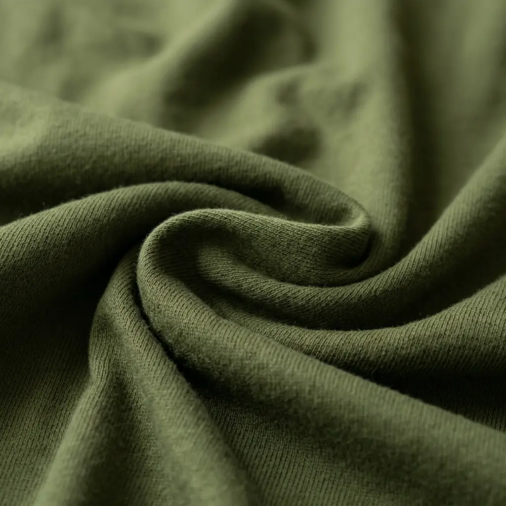 A close-up of 100% cotton jersey fabric, slightly textured surface, in an olive-green color, soft folded drape.