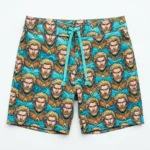 All over aquaman face printed board shorts front.