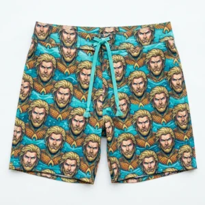 All over aquaman face printed board shorts front.