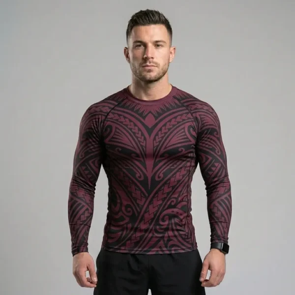Long sleeve compression fit rash guard featuring a vibrant, full-coverage green and black abstract digital sublimation print.