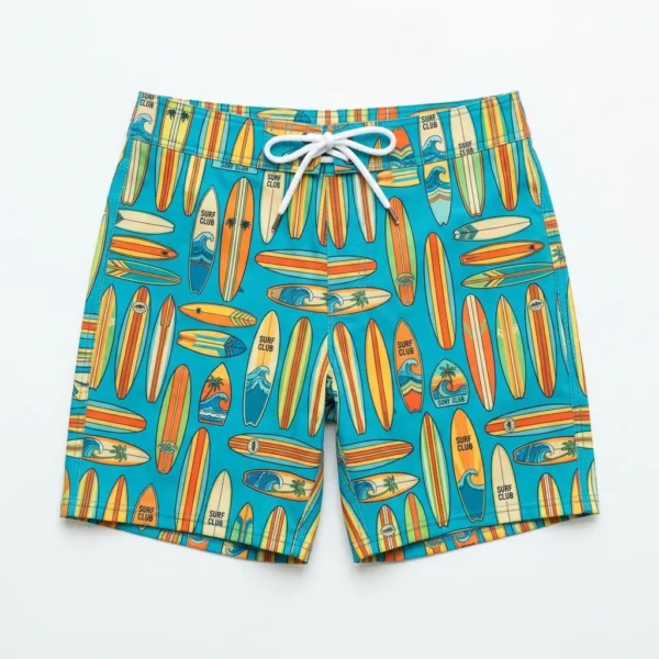 All over surfer board print board shorts.