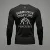Back view of a solid black heavyweight compression rash guard on a ghost mannequin, showcasing reinforced flatlock paneling.