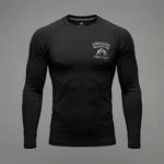 Front view of a heavyweight solid black short sleeve compression rash guard on a ghost mannequin.