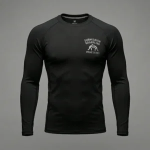 Front view of a heavyweight solid black short sleeve compression rash guard on a ghost mannequin.