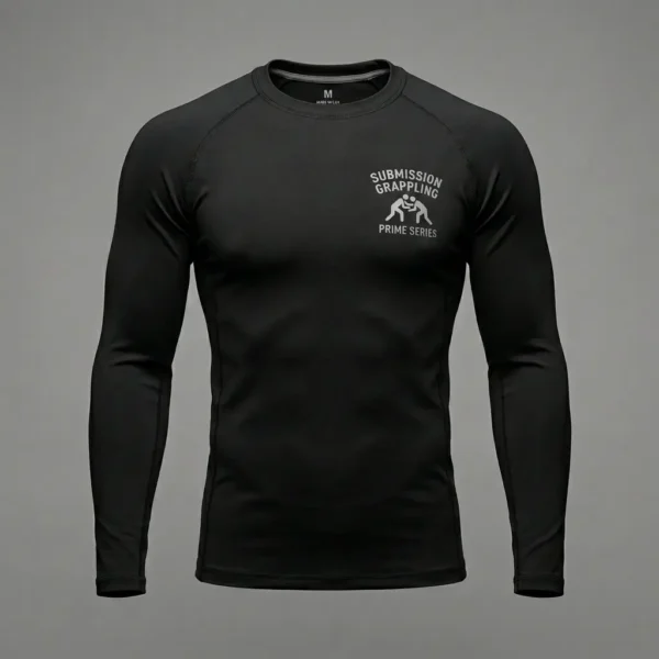 Front view of a heavyweight solid black short sleeve compression rash guard on a ghost mannequin.