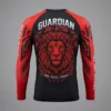 Back view of a black martial arts rash guard showcasing the clean torso panel and vibrant red sublimated shoulder construction.