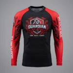 Front view of a black compression training shirt designed with custom red sublimated raglan sleeves and dynamic geometric line patterns.