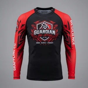 Front view of a black compression training shirt designed with custom red sublimated raglan sleeves and dynamic geometric line patterns.