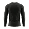 Back view of a blank solid black long sleeve compression shirt showing ergonomic paneling on a ghost mannequin.