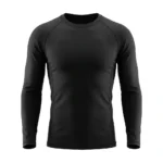 Front view of a blank solid black long sleeve compression shirt featuring ergonomic seams on a ghost mannequin.