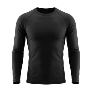 Front view of a blank solid black long sleeve compression shirt featuring ergonomic seams on a ghost mannequin.