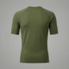 Back view of a blank olive green short sleeve hybrid training shirt showing clean, flat seams and flexible shoulder panels.