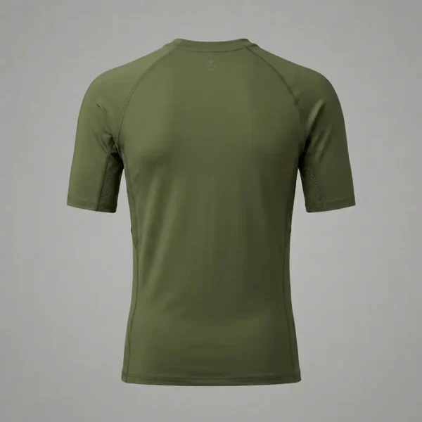 Back view of a blank olive green short sleeve hybrid training shirt showing clean, flat seams and flexible shoulder panels.