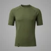 Front view of a blank olive green hybrid short sleeve training shirt featuring a relaxed yet performance-driven ergonomic athletic cut.