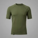 Front view of a blank olive green hybrid short sleeve training shirt featuring a relaxed yet performance-driven ergonomic athletic cut.