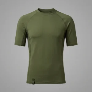 Front view of a blank olive green hybrid short sleeve training shirt featuring a relaxed yet performance-driven ergonomic athletic cut.