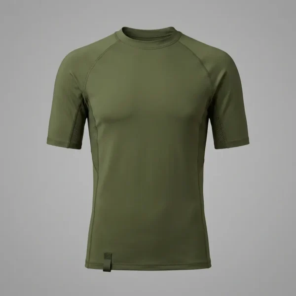 Front view of a blank olive green hybrid short sleeve training shirt featuring a relaxed yet performance-driven ergonomic athletic cut.