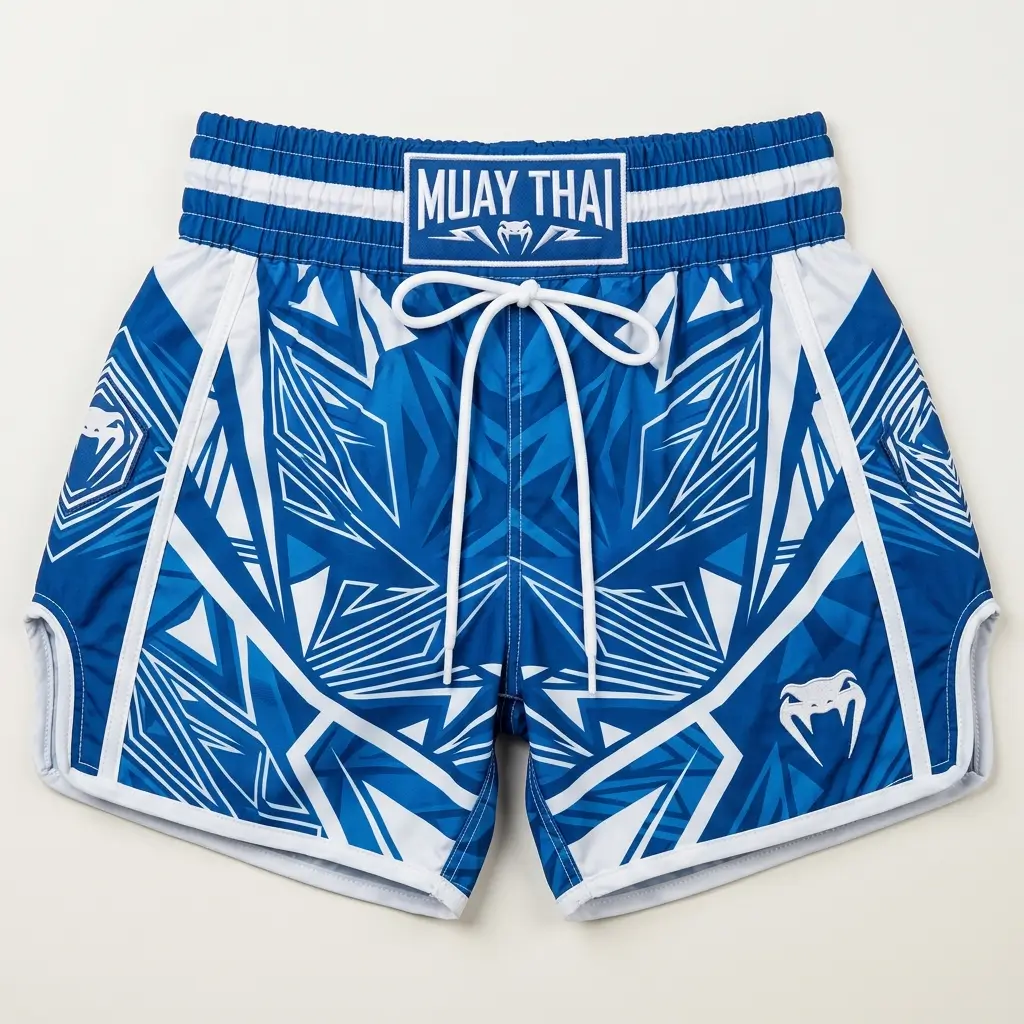 Front view of blue Venum Muay Thai shorts with a geometric pattern, white drawstring ties, and the iconic snake head brand logo.
