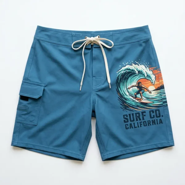 Blue screen printed board shorts.