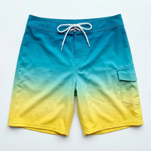 Blue to yellow ombre board shorts.