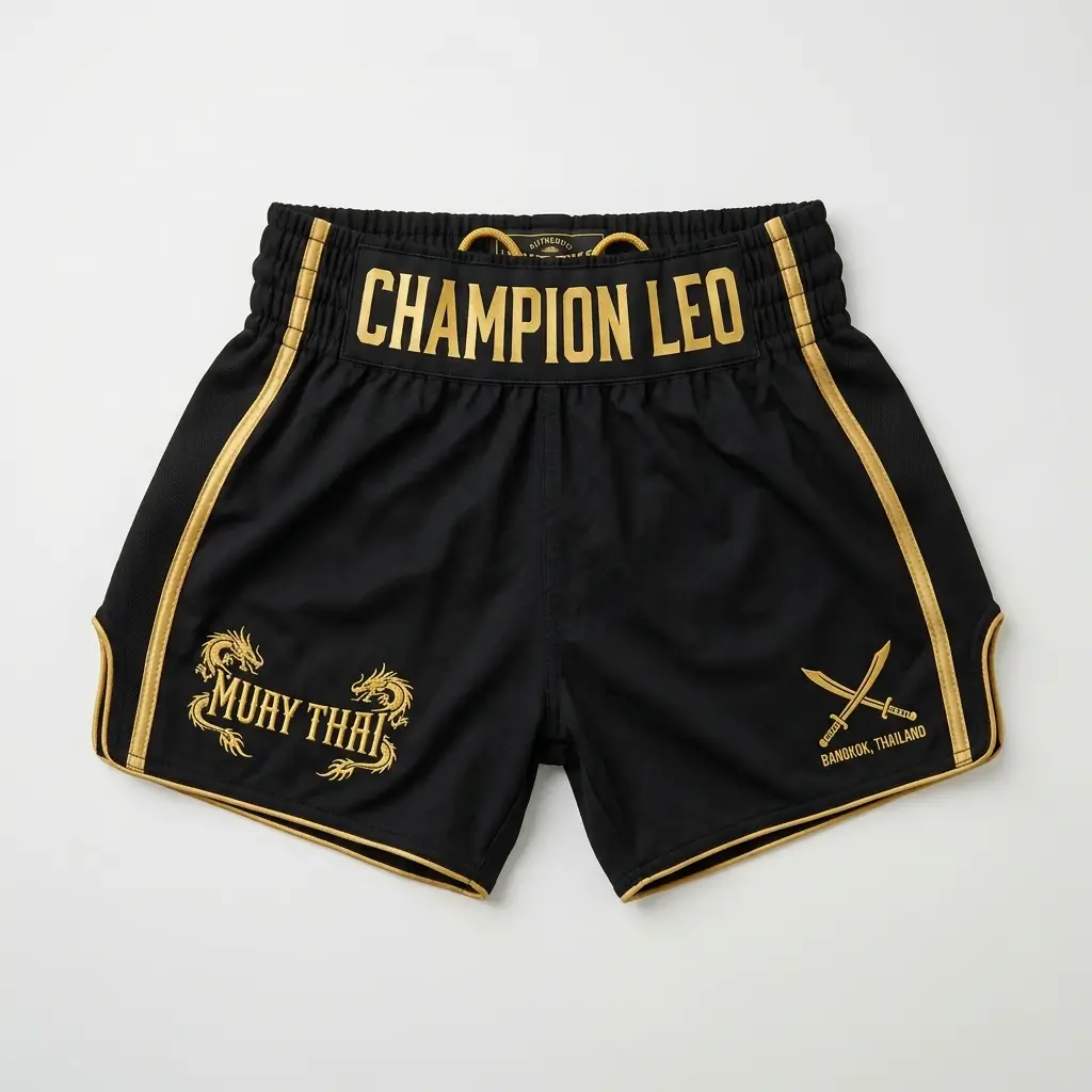 Front view of black Champion Leo kickboxing shorts featuring a detailed gold dragon embroidery, red piping, and gold bold lettering.