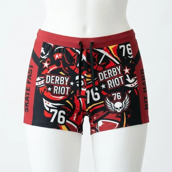 Custom roller derby booty shorts with side panel front.