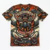 Back view of an all-over print sublimated motorcycle club t-shirt featuring a complex collage of eagles, skulls, chains, and a custom chopper side and back view.