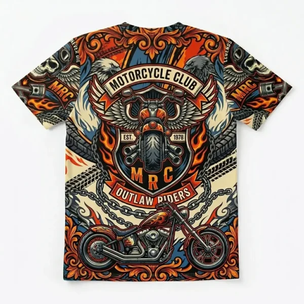 Back view of an all-over print sublimated motorcycle club t-shirt featuring a complex collage of eagles, skulls, chains, and a custom chopper side and back view.