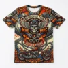 An all-over print sublimated motorcycle club t-shirt featuring a complex collage of eagles, skulls, chains, and a custom chopper.