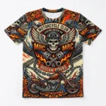 An all-over print sublimated motorcycle club t-shirt featuring a complex collage of eagles, skulls, chains, and a custom chopper.