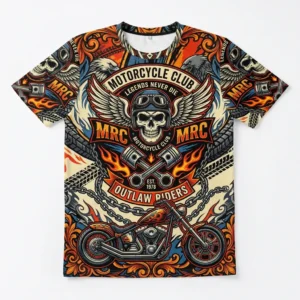 An all-over print sublimated motorcycle club t-shirt featuring a complex collage of eagles, skulls, chains, and a custom chopper.