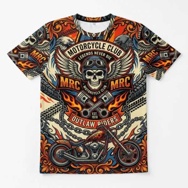 An all-over print sublimated motorcycle club t-shirt featuring a complex collage of eagles, skulls, chains, and a custom chopper.