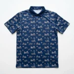 A navy blue short-sleeve polo shirt featuring a repeating pattern of various vintage and modern motorcycles and helmets.