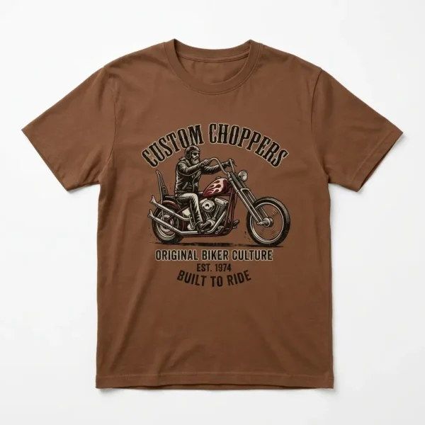 A brown t-shirt with chopper biker printed graphic.