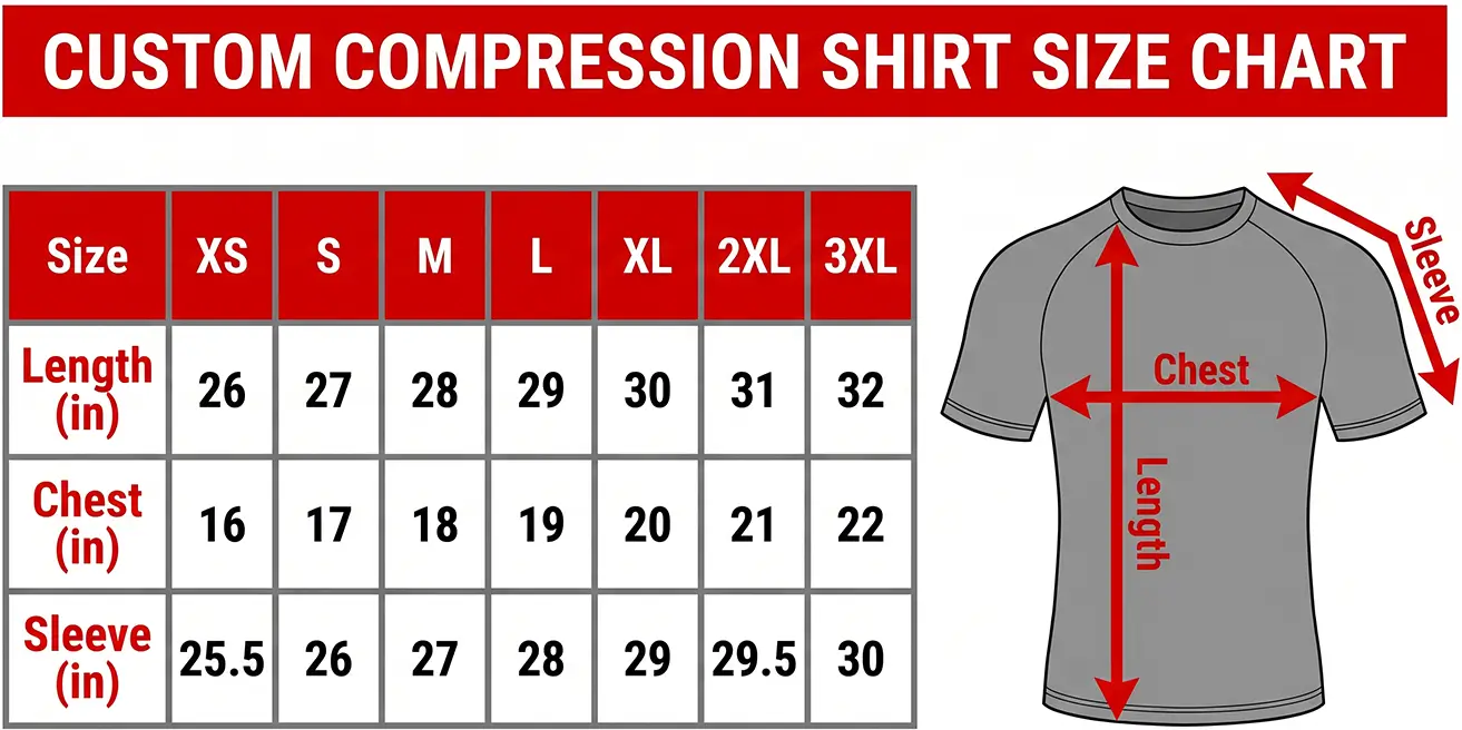 Technical size chart diagram for custom compression shirts detailing chest width, body length, and sleeve length measurements.