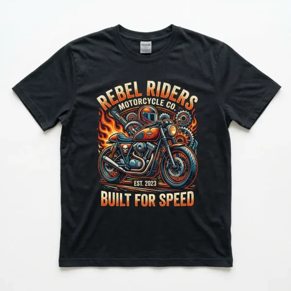 A DTF printed detailed motorcycle design on dark t-shirt, showing vibrant colors.