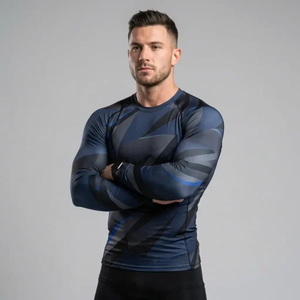 Men's athletic cut compression rash guard featuring flatlock flat seams and specialized underarm ventilation panels.