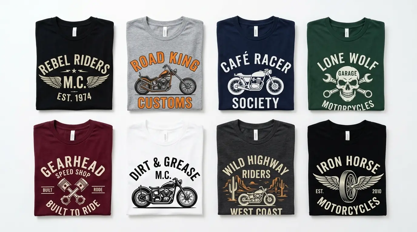 A collection of eight folded custom motorcycle shirts in various colors including themes like "Lone Wolf," "Cafe Racer Society," and "Road King Customs.