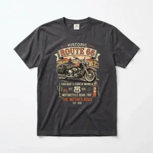 A route 66-inspired print custom motorcycle t-shirt.
