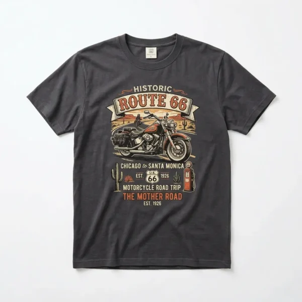 A route 66-inspired print custom motorcycle t-shirt.