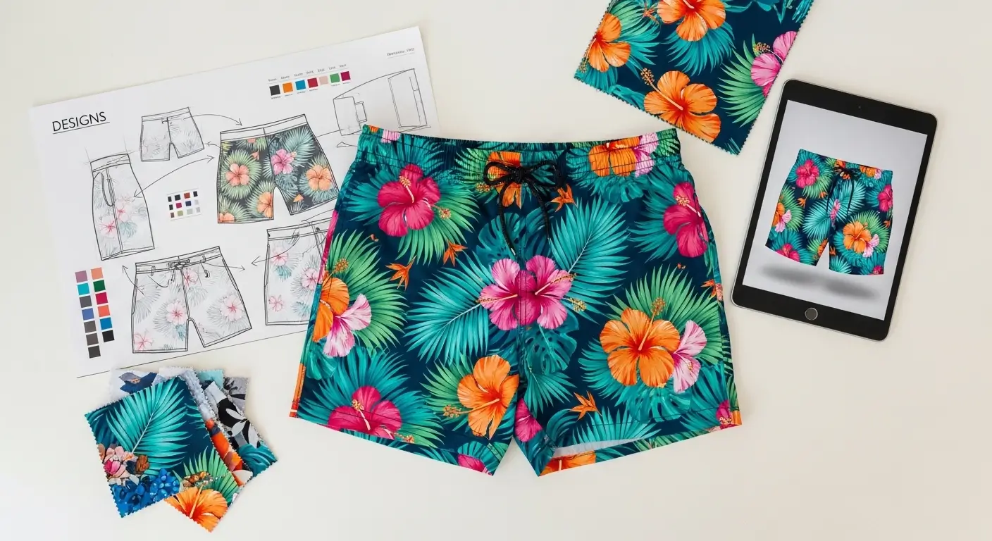 A production layout featuring technical design sketches, fabric swatches, a digital tablet preview, and a final pair of floral sublimated custom swim trunks.