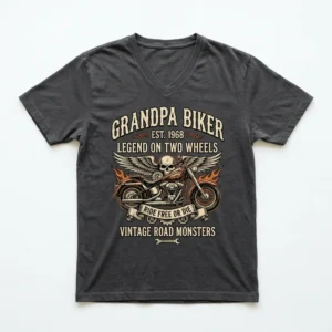 A V-Neck grandpa biker graphic shirt with bold chest print.