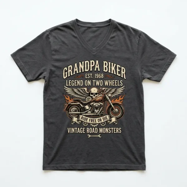 A V-Neck grandpa biker graphic shirt with bold chest print.